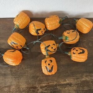 VTG Halloween Jack O Lantern‎ Pumpkin String Lights Blow Mold Set Of 10 TESTED